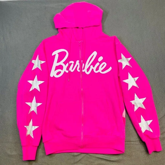 Barbie Hot Pink Graphic Hoodie Stars‎ Logo Full Zip Size S Moviecore Y2K - Picture 2 of 8
